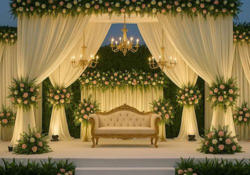 Elegant wedding setup with flower decorations, tents, and stage lighting.